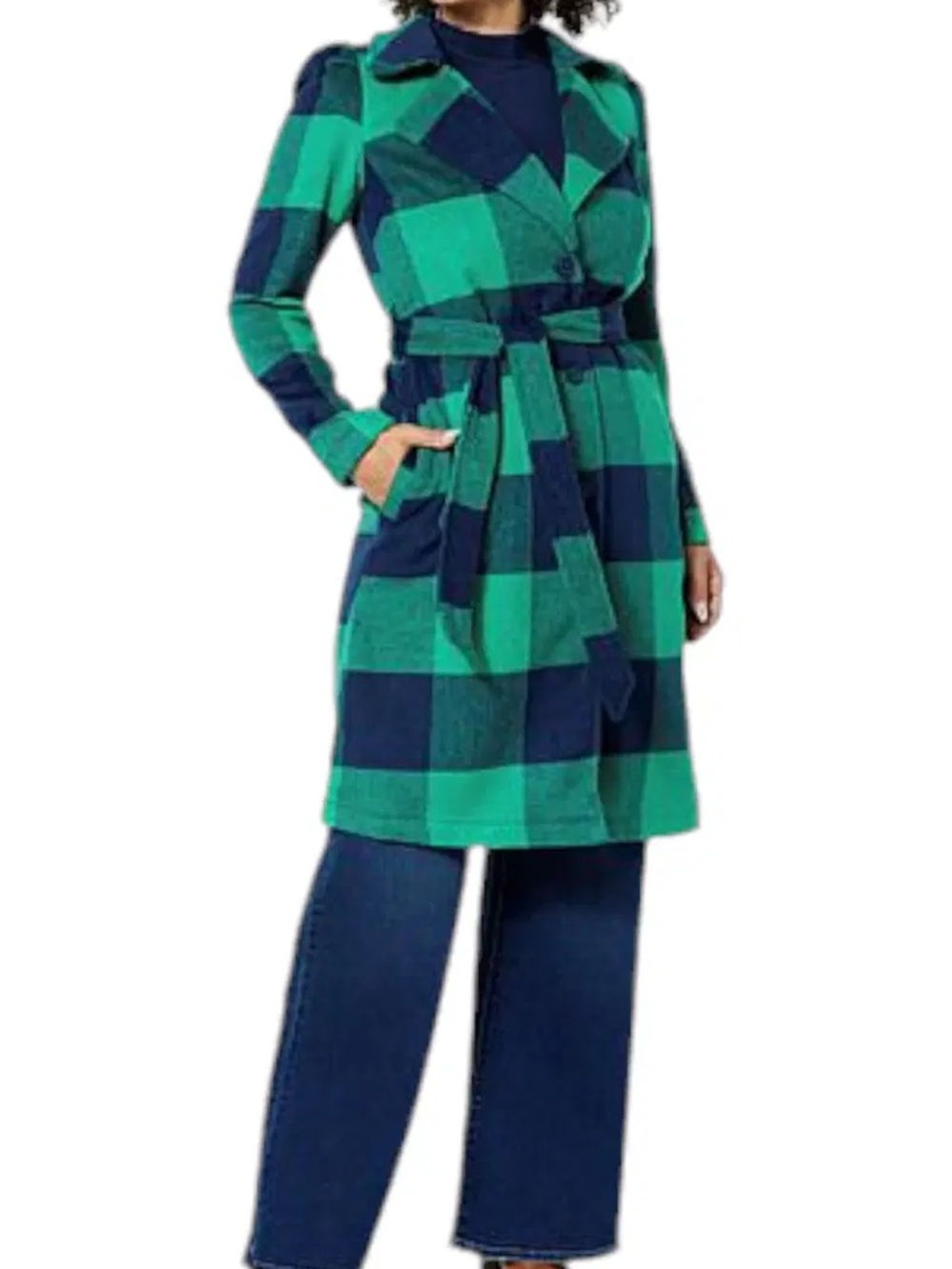 G by Giuliana Green and Navy Plaid Belted Pea Coat